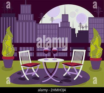 Gemütliches schönes Restaurant auf dem Dach mit Tisch und zwei Stühlen in der großen Stadt mit dem Stadtbild am Abend oder in der Nacht. Stock Vektor