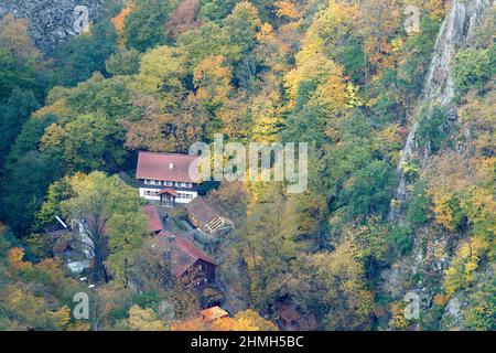 Blick vom Hexentanzplatz auf das Bodetal, Thale, Harz, Sachsen-Anhalt, Deutschland Stockfoto