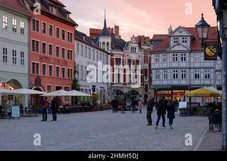 Marktplatz von Quedlinburg im Abendlicht, Quedlinburg, Weltkulturerbe-Stadt, Harz, Sachsen-Anhalt, Deutschland Stockfoto