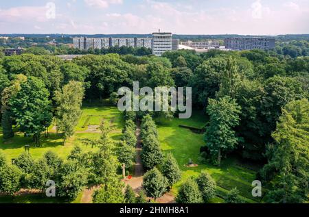 Marl, Nordrhein-Westfalen, Deutschland - Stadtübersicht mit Rathaus und vor dem Friedenspark, dem alten Brassert Friedhof. Der alte Friedhof mit dem Skulpturenpark und den Skulpturen im öffentlichen Raum ist Teil der Außenanlagen des Skulpturenmuseums Glaskasten. Stockfoto