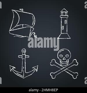 Sammlung von nautischen Symbolskizzen auf Tafel. Marinesymbole inklusive Anker, Leuchtturm, Schiff und Piratenzeichen. Kreide gezeichnet Meer Abenteuer c Stock Vektor
