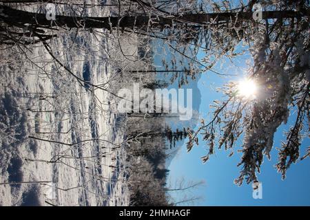 Winterwanderung am Barmsee bei Krün Schneekristalle verzaubern die verträumte Winterlandschaft, im Hintergrund das Karwendelgebirge, hinterleuchtet, Süddeutschland, Oberbayern, Schnee, Winter, Schnee, Bäume, Deutschland, Bayern, Werdenfels, Stockfoto