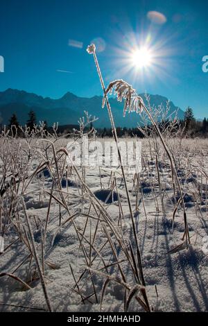 Winterwanderung am Barmsee bei Krün Schneekristalle verzaubern die verträumte Winterlandschaft, im Hintergrund das Karwendelgebirge, hinterleuchtet, Süddeutschland, Oberbayern, Schnee, Winter, Schnee, Bäume, Deutschland, Bayern, Werdenfels, Stockfoto