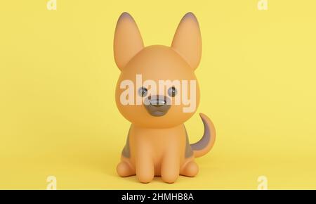 Netter Schäferhund sitzt auf gelbem Hintergrund. 3D Rendern Stockfoto