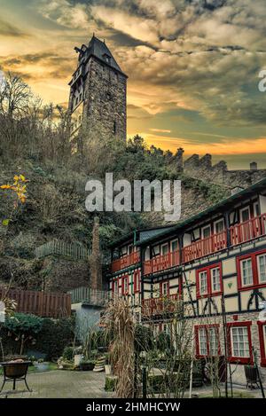 [M], Bacharach, Burgenwanderweg, Burgweg, Malerwinkel, Mittelrhein, Oberes Mittelrheintal, Blick Auf Die Stadt, Stadttürme, Unesco, Weltkulturerbe, Weltkulturerbe, Winter, Stadtbefestigungen, Stockfoto