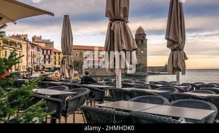 ANSA de la Baleta in Collioure. Die Kirche Notre Dames des Anges wurde Ende des 17. Jahrhunderts erbaut. Monument historique. Stockfoto