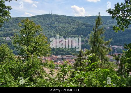 Ein Panoramablick auf die wunderschöne mittelalterliche Stadt Heidelberg mit der Carl Theodor Alten Brücke, dem Neckar, der Kirche des Heiligen Geistes, Deutschland Stockfoto