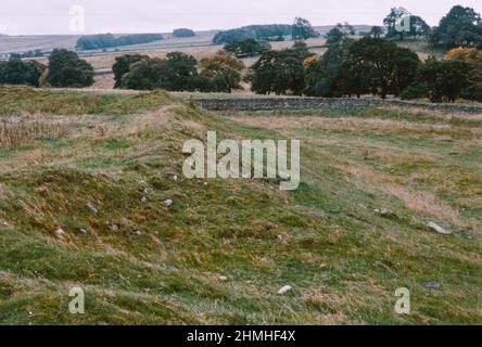 Habitancum - ein altes römisches Fort (Castrum) in Risingham, Northumberland, England. Die Festung war eine der Verteidigungsstrukturen entlang der Dere Street, einer römischen Straße, die von York nach Corbridge und weiter nach Melrose führt. Nordwand. Archivscan von einem Dia. Februar 1975. Stockfoto