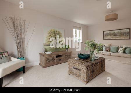 Newport, Essex - März 21 2019: Luxuriöses, modernes Wohnzimmer in einem neuen, inszenierten Haus mit schicken, stilvollen Möbeln und gemusterten Kissen. Stockfoto