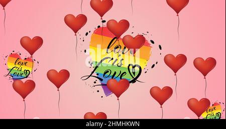 Bild von Herzballons und Liebe ist Liebe Text über Regenbogenherzen Stockfoto