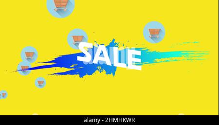 Verkaufstext auf blauem Splodge gegen Shopping-Trolley-Symbole auf gelbem Hintergrund Stockfoto