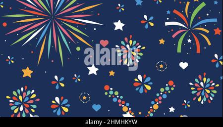 Bild von bunten Feuerwerk explodiert mit Herzen und Sternen auf schwarzem Hintergrund Stockfoto