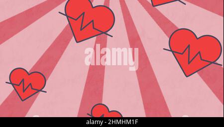 Abbildung von Herzsymbolen mit Kardiogramm über Linien auf rotem Hintergrund Stockfoto