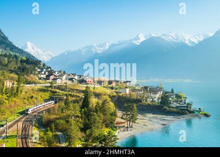 Blick auf die kleine Stadt in den Alpen. Bahnstrecke entlang des Vierwaldstättersees. Kanton Uri. Stockfoto