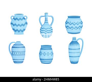 Set mit verschiedenen blauen Steingut Keramik mit Ornament Vektor Stock Vektor