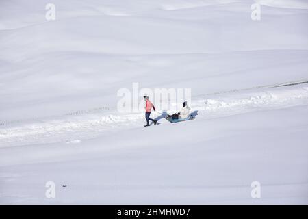 Gulmarg, Indien. 08th. Februar 2022. Ein indischer Tourist wird gesehen, wie er während eines bewölkten Wintertages eine Schlittenfahrt im Schnee in einem berühmten Skigebiet in Gulmarg genießt. Gulmarg, gelegen am Fuße des Himalaya, gilt als eines der führenden Skigebiete in Südasien. (Foto von Saqib Majeed/SOPA Images/Sipa USA) Quelle: SIPA USA/Alamy Live News Stockfoto