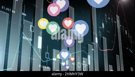Bild von Herzsymbolen über Statistiken und Datenverarbeitung Stockfoto