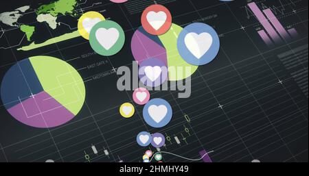 Bild von Herzsymbolen über Statistiken und Datenverarbeitung Stockfoto