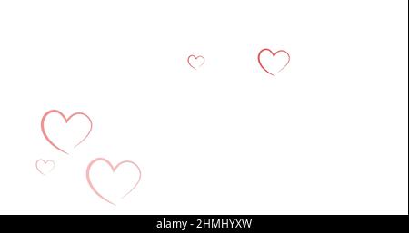 Rote Partikel, die auf mehrere rote Herz-Symbole schweben, die auf weißen Hintergrund fallen Stockfoto