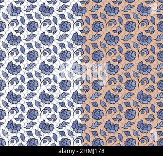 Florales nahtloses Muster, florale Spitze Gitter Ornament, handgezeichnete schwarze Tinte Pinsel Strich Blumen, Blätter, Flieder sehr peri gefärbt. Weiß, rosa einfach Stock Vektor