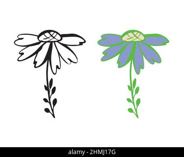 „Flower Ditsy“-Icon-Set. Doodle-Cartoon-Stil. Handgezeichnetes Kamillensymbol für Pinselstrich. Zwei isolierte Vektorgrafiken in schwarzer Kontur und Stock Vektor