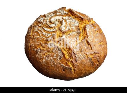 Isoliert auf weißem, handwerklich hergestelltem Bauernbrot-Brötchen Sauerteig-Brot Stockfoto