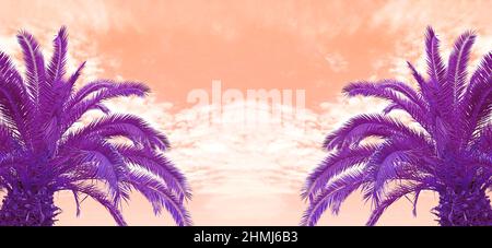 Pop Art Surrealer Stil lebendige lila zwei Palmen auf Coral Pink Sky Stockfoto
