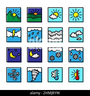Wetterprognose Farbe Quadrat Flache Symbol Design-Set. Vektorgrafik Stock Vektor