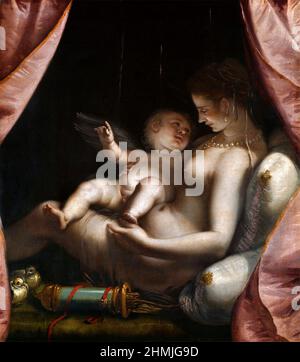 Venus und Amor des italienischen Künstlers Luca Cambiaso (1527-1585), Öl auf Leinwand, c. 1570 Stockfoto