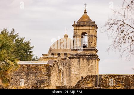 Bedeckter Blick auf die Mission San Jose Church in Texas Stockfoto