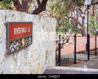 Nahaufnahme des Schilds „River Walk“ in Texas Stockfoto