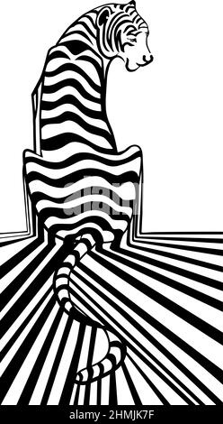 Sitzender gestreifter Tiger, schwarz-weiße lineare Tuschezeichnung. Stock Vektor