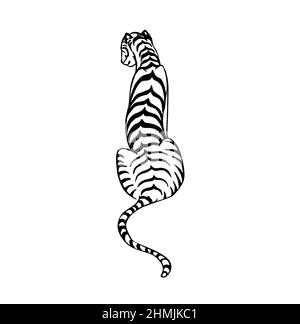 Der Tiger ist ein Zeichen von 2022. Sitzender gestreifter Tiger, Rückansicht. Stock Vektor