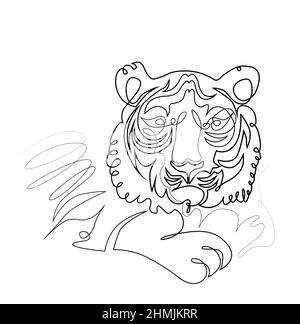 Porträt eines liegenden Tigers in einer durchgehenden Linie, schwarz-weiße Vektorzeichnung. Stock Vektor