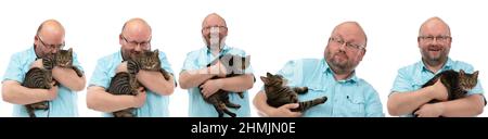 Viele Posen, als ein kahler Mann eine She-Katze in den Armen hält. Stockfoto