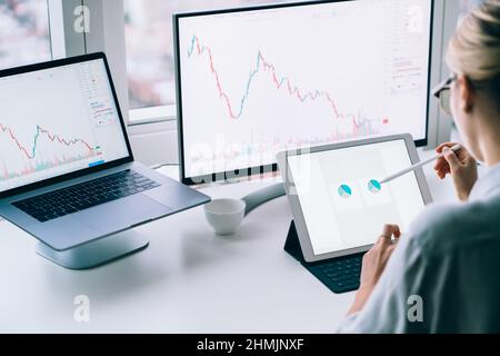 Crop weibliche Makler Analyse Charts auf Tablet im Büro Stockfoto