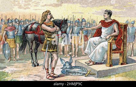 Guerre des Gaules : 'Vercingeto@ jetant ses armes aux pieds de Jules Cesar lors du Belagerung d'Alesia 52 avant JC' (Schlacht von Alesia : Vercingetorix wirft seine Arme zu Füßen von Julius Caesar 52 v. Chr.) Chromolithographie de la fin du 19eme siecle Collection privee Stockfoto