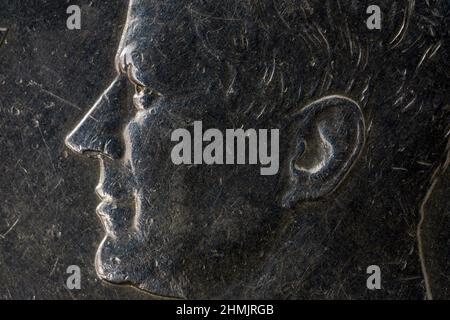 John Fitzgerald Kennedy Detail 1964 Silber Halber Dollar Nahaufnahme Makro Stockfoto