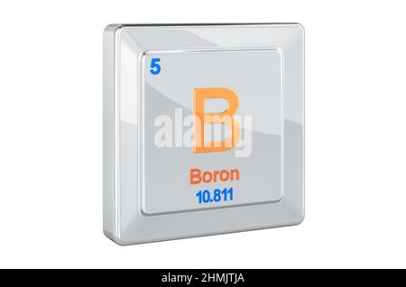 Bor B, Chemisches Element Zeichen. 3D-Rendering isoliert auf weißem Hintergrund Stockfoto