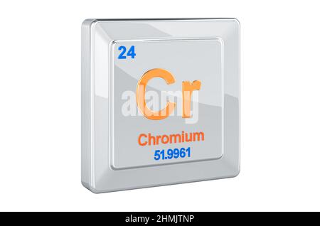 Chrom Cr, Chemisches Element Zeichen. 3D-Rendering isoliert auf weißem Hintergrund Stockfoto