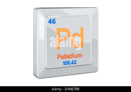 Palladium Pd Chemisches Element Zeichen. 3D-Rendering isoliert auf weißem Hintergrund Stockfoto