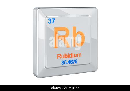 Rubidium Rb, Chemisches Element Zeichen. 3D-Rendering isoliert auf weißem Hintergrund Stockfoto