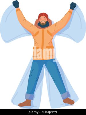 Glücklicher Mann, der im Schnee liegt. Person, die Engelsflügel isoliert auf weißem Hintergrund macht Stock Vektor