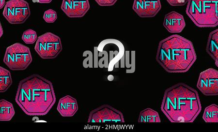 Was sind nft, was ist ein nft, Frage für Anleger, Erklärung, minimaler Neon-Text mit Fragezeichen. Rosa Hintergrund, Research Bar, Web-Banner. Stockfoto