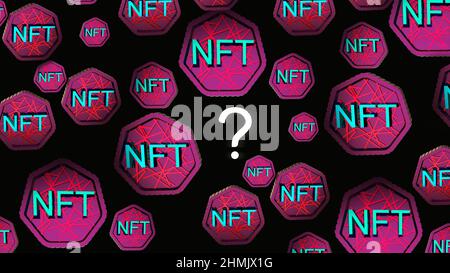 Was sind nft, was ist ein nft, Frage für Anleger, Erklärung, minimaler Neon-Text mit Fragezeichen. Rosa Hintergrund, Research Bar, Web-Banner. Stockfoto