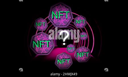 Was sind nft, was ist ein nft, Frage für Anleger, Erklärung, minimaler Neon-Text mit Fragezeichen. Rosa Hintergrund, Research Bar, Web-Banner. Stockfoto