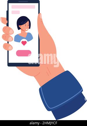 Mann Hand hält Telefon mit gefiel weiblichen Profil auf Dating-App isoliert auf weißem Hintergrund Stock Vektor