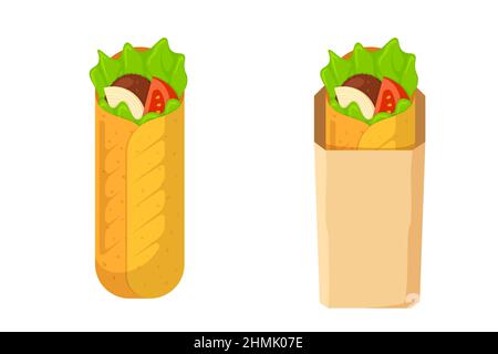 Shawarma nehmen Fast-Food-Fleischrolle in Papierverpackungen. Arabisch-östlicher Kebab-Döner. Cartoon Shaurma oder Burrito. Shawerma setzt flache Vektor-eps-Illustration Stock Vektor