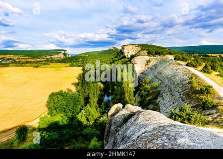 Tal des Flusses in den Bergen. Das Flussbett fließt zwischen felsigen Berg und Feld. Stockfoto