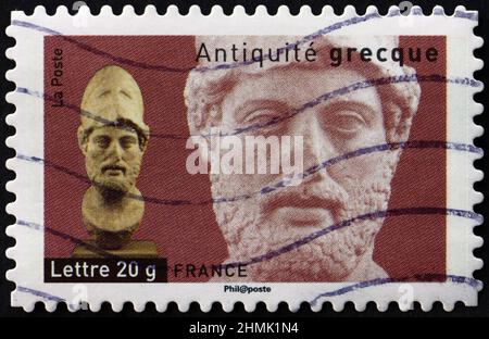 FRANKREICH - UM 2007: Eine in Frankreich gedruckte Briefmarke zeigt Kopf des Perikles, Antike, um 2007 Stockfoto